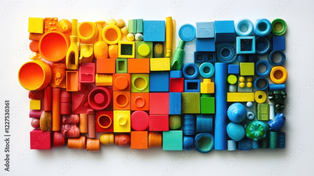 Poster a vibrant assortment of children's building blocks in bright colors, arranged haphazardly on a white