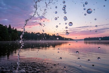 Shimmering water droplets suspended in the air above a lake surface at dawn creating a breathtaking display of color and light, abstract visuals, shimmering droplets, optical illusions