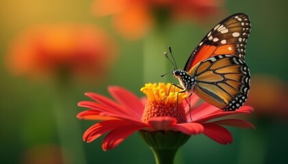 Fototapeta premium Butterfly delicately sipping nectar from vibrant flower , garden, fauna