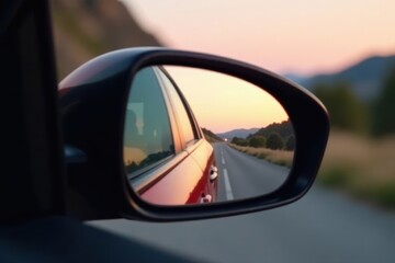 Close-up view of a car's rearview mirror reflecting blurred scenery, transportation, interior
