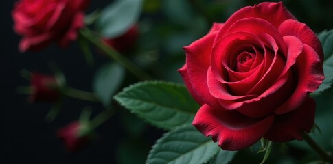 Obraz premium Crimson rose centerpiece, leaves border, studio shot , studio, vibrant