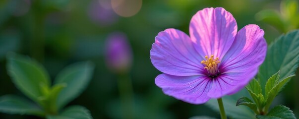 Fototapeta premium Delicate purple flower, smooth petals, serrated leaves, magenta, background