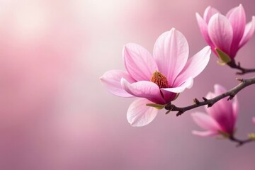 Delicate pink magnolia blossoms on a branch against a soft background , nature photography, pretty