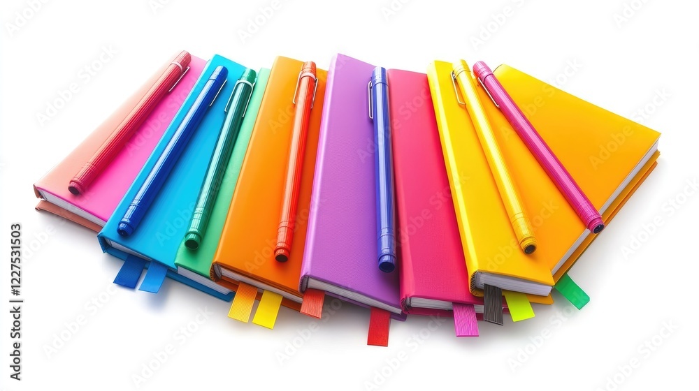 Poster a vibrant collection of colorful notebooks, with highlighters and sticky notes beside them, neatly a