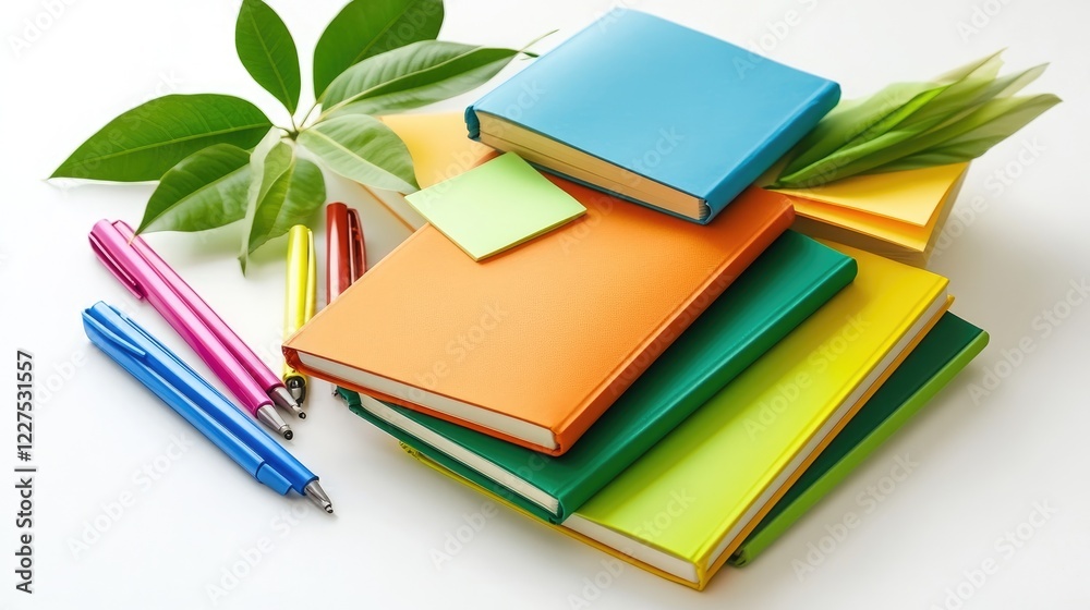 Poster a vibrant collection of colorful notebooks, with highlighters and sticky notes beside them, neatly a