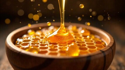 A bowl of honey is poured into a wooden bowl. The honey is golden and thick, and it is dripping from the bowl. The bowl is placed on a wooden table, and the honey is spread out across the table