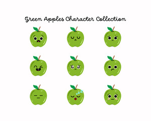 Set of cute green apple character with various expression on white background