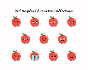 Set of cute red apple character with various expression on white background