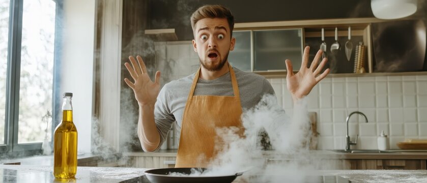 Young man in kitchen, shocked by smoking pan and cooking mishap