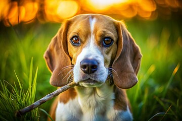 Adorable Beagle Puppy Close-Up Portrait in Low Light, Green Grass Background