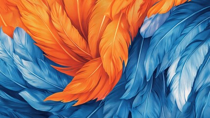 Intertwined orange and blue feathers forming a natural harmony, beautifully captured with vivid colors and smooth gradients