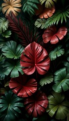 Naklejka premium Vibrant Tropical Leaf Arrangement in Deep Red and Green Tones