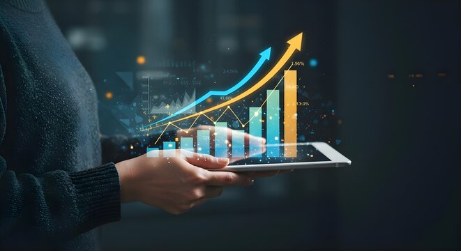 Digital Growth: Hands Holding Tablet Displaying Ascending Bar Graph and Arrow - Powered by Adobe