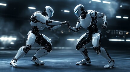 Naklejka premium Two Futuristic Robots in Intense Combat - Technological Showdown