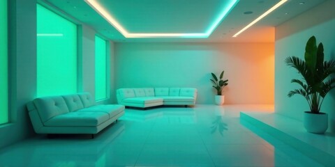 Modern minimalist living room interior design with vibrant teal and orange accent lighting, featuring sleek white sofas and tropical potted plants, creating a serene and stylish atmosphere.