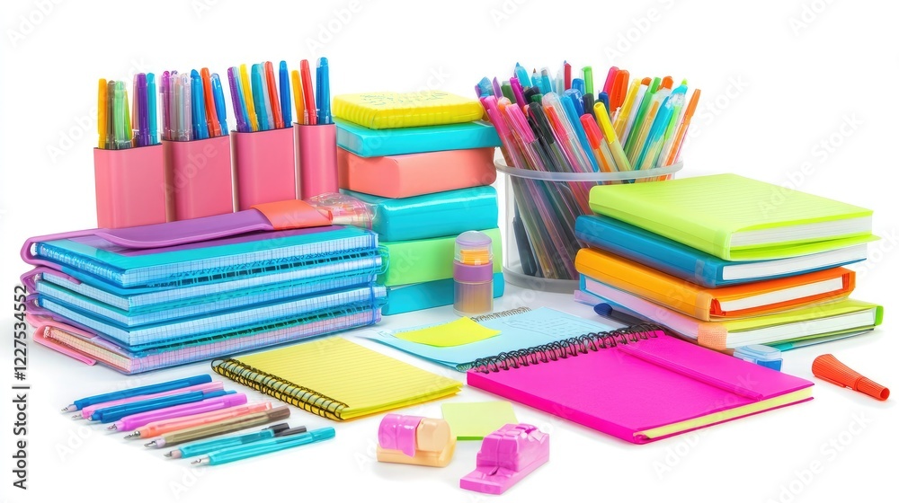 Poster A vibrant stack of colorful notebooks surrounded by highlighters and sticky notes, arranged neatly on a clean white background, perfect for study or organization