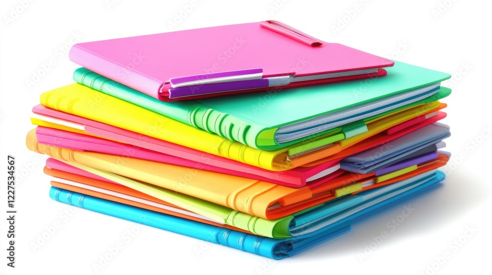 Poster A vibrant stack of colorful notebooks surrounded by highlighters and sticky notes, arranged neatly on a clean white background, perfect for study or organization