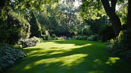 Naklejka premium Lush grass lawn with sunlight filtering through, creating a vibrant, fresh atmosphere, no people
