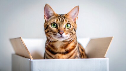 Adorable Bengal Kitten Peeking from White Box - Cute Pet Stock Photo