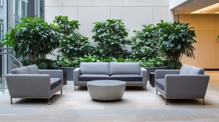 Fototapeta premium Modern Office Lobby with Lush Greenery and Comfortable Seating