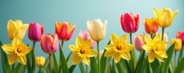 Fototapeta premium Delicate tulips & daffodils in vibrant spring colors , field, yellow
