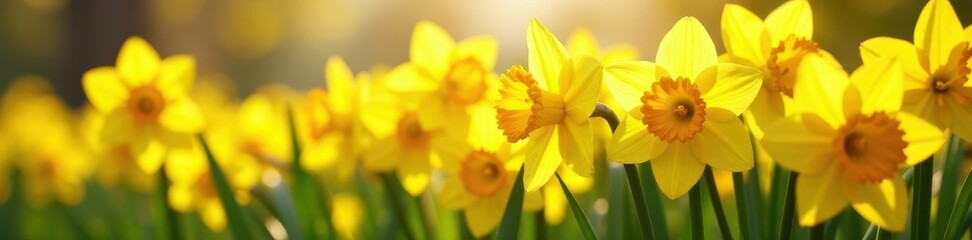 Obraz premium Dense cluster of daffodils, sunlight illuminating petals , bloom, spring
