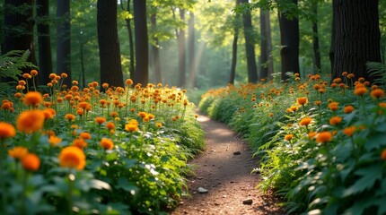 A charming forest path lined with vibrant wildflowers and ferns, leading deeper into the woods. 