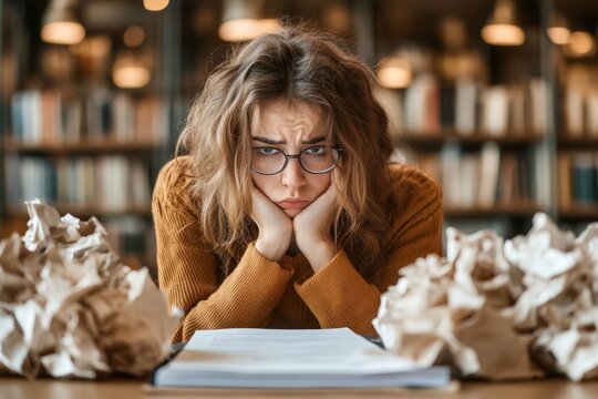 A student staring at a failed exam paper, surrounded by books and crumpled notes, symbolizing academic drawbacks