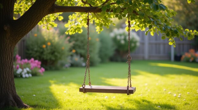 A charming swing hanging from a sturdy tree branch in a sunny yard, surrounded by vibrant green grass and colorful flowers. 
