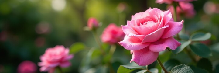 Intense pink rose blooms, lush, garden setting, pink, garden flowers