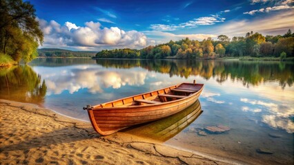 Rustic wooden boat on a serene lake with a brown sandy shoreline, calm water, reflections, peaceful atmosphere