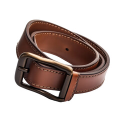 Isolated Brown Leather Belt with Metallic Buckle