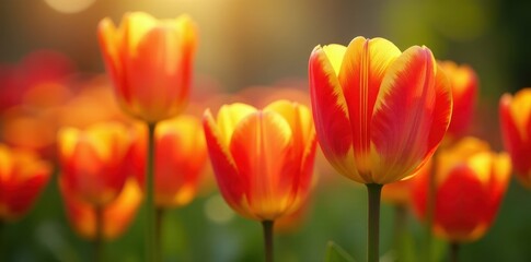 Fototapeta premium Red and yellow tulips in vibrant bloom, close-up view, petals, tulips