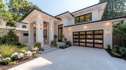 Modern white house, driveway, garden, sunny day, real estate