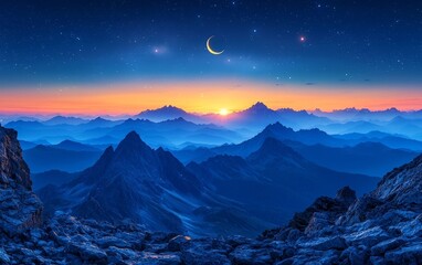 Mesmerizing Twilight Mountain Landscape with Crescent Moon and Twinkling Stars