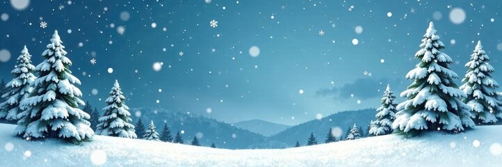 Snowy pine trees & snowflakes falling, winter illustration, festive background, green
