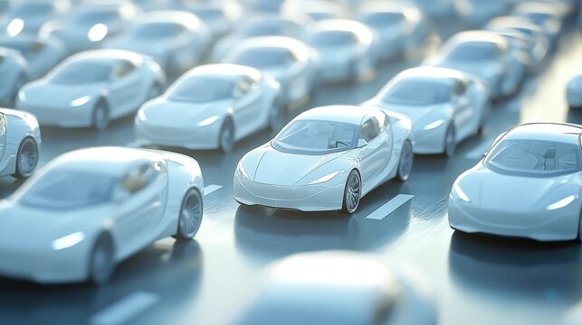 Futuristic White Cars in Traffic Jam Under Soft Blue Lighting