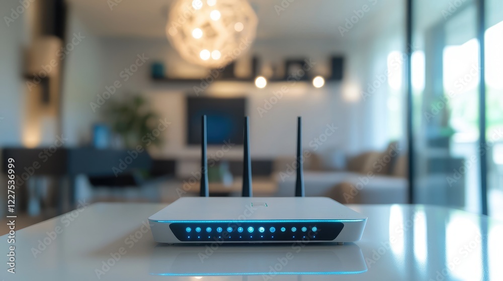 Poster A wireless router in a stylish, modern home, sending signals to multiple connected devices, representing seamless technology integration and smart home solutions
