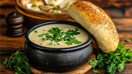 A visually appealing image of a plain bagel served alongside a bowl of clam chowder, showcasing a delicious and comforting food pairing.