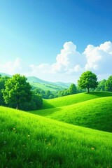 Obraz premium Rolling hills with lush green grass and trees in the background, nature, tree-lined