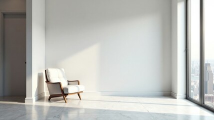 Modern minimalist interior design featuring a comfortable armchair bathed in sunlight, adjacent to a large window offering a captivating urban vista.