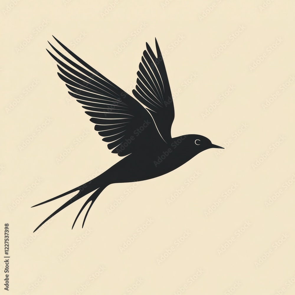 Poster black bird in flight with detailed wings against a light background showcasing grace and movement in