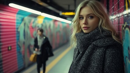 Fototapeta premium A person in a gray coat stands against a graffiti-covered wall in a subway station.