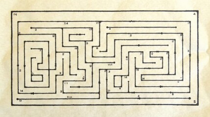 Intricate Linear Labyrinth A Complex Puzzle of Intertwined Pathways and Numbered Nodes on Aged Parchment