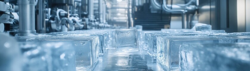 Ice blocks being processed in a modern refrigeration facility.