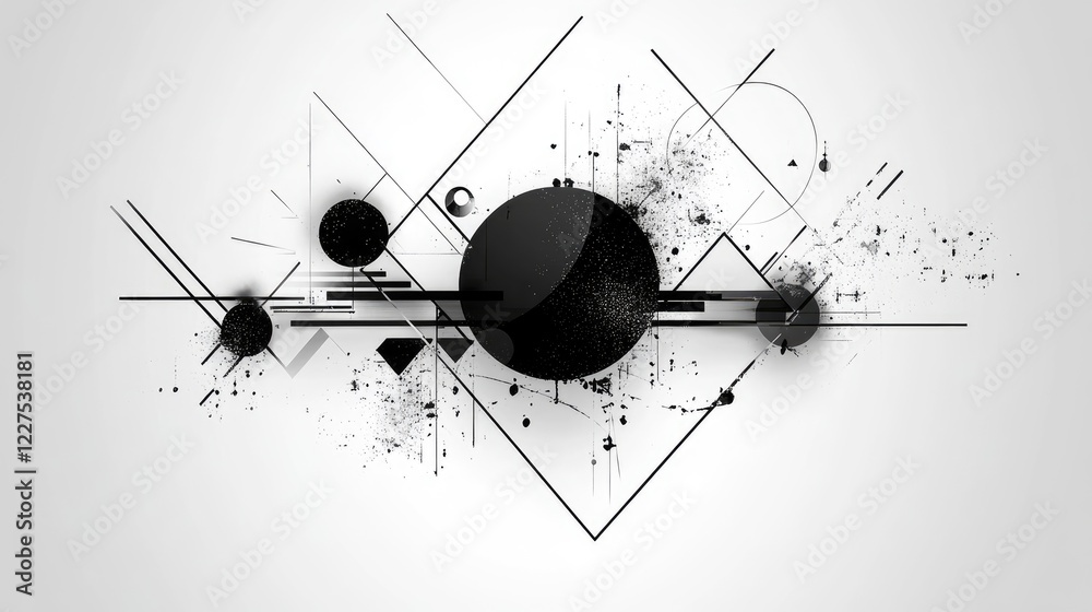 Poster an abstract geometric design with clean lines and shapes, including circles and triangles, set again