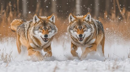 Naklejka premium Rival Wolves Circling in Snowy Forest Preparing to Strike