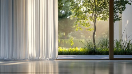 Fototapeta premium Minimalist window curtains with natural light illuminating a blurred green garden backdrop, no people
