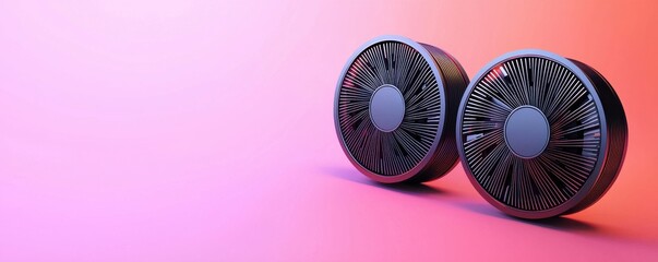 Two modern, circular speakers with intricate designs, set against a vibrant gradient background of pink and orange hues.