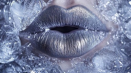 Silver Glossy Lips Surrounded by Ice Cubes in Close-Up